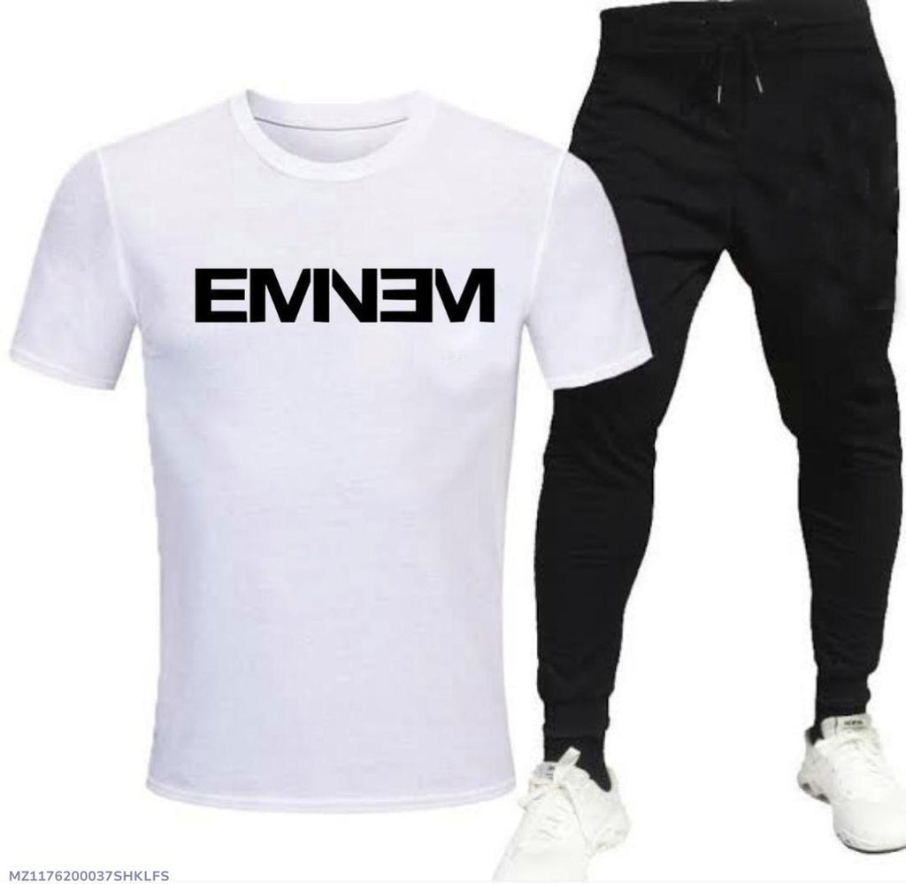 Men Cotton Printed Track Suit White Black 2Pcs Medium to XL