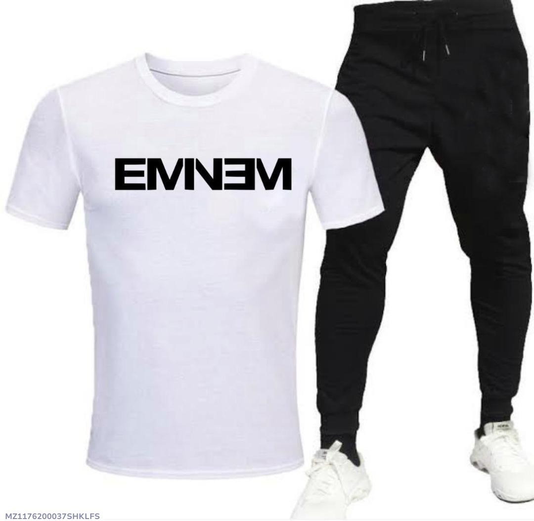 Men Cotton Printed Track Suit White Black 2Pcs Medium to XL